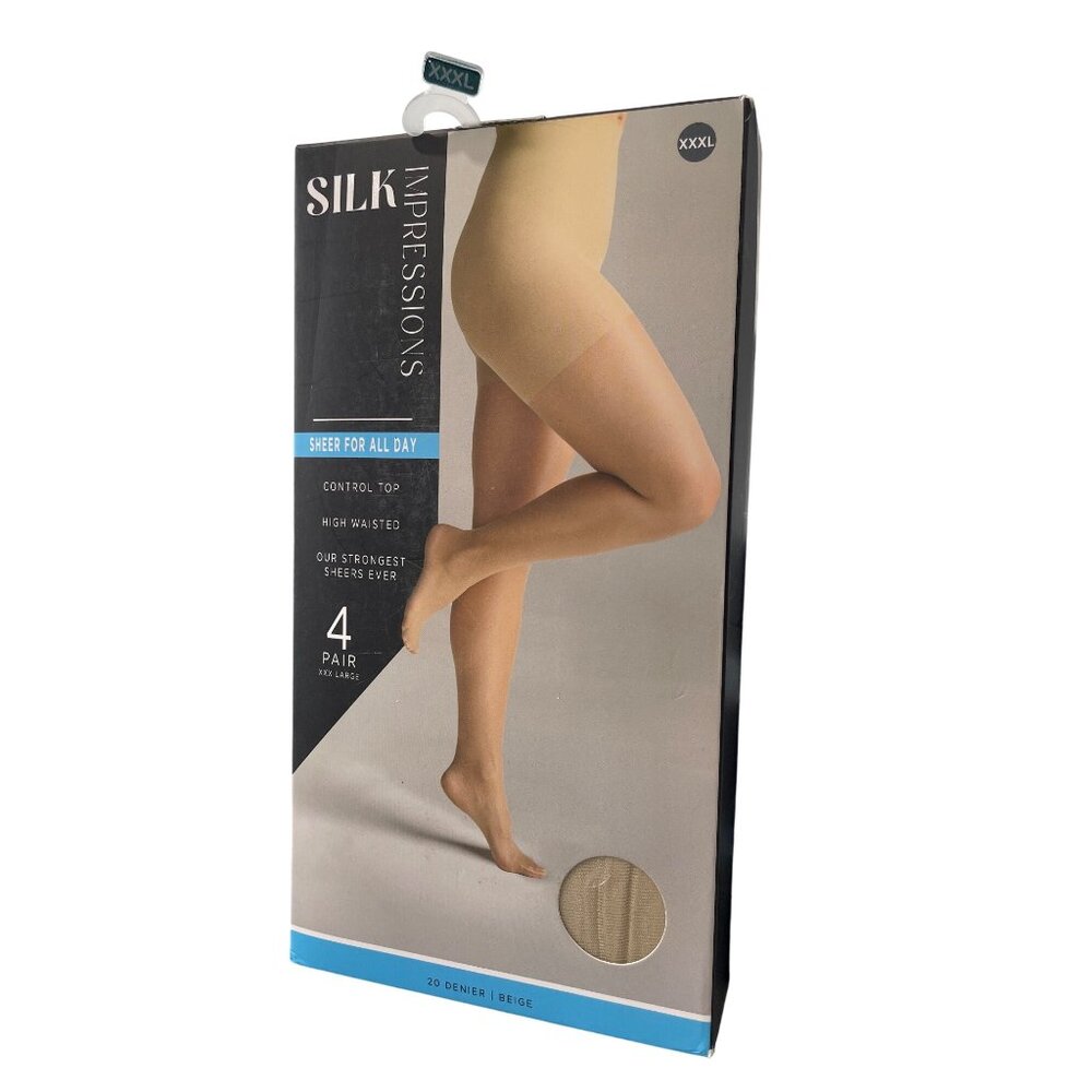 Silk Impressions Pantyhose Size XXXL Sheer Control Top Beige 20 Denier 4Pair NEW
